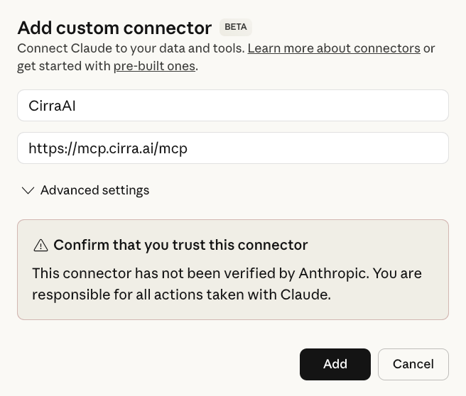 Claude Desktop's Add custom connector dialog with the name CirraAI and the server URL https://mcp.cirra.ai/mcp entered